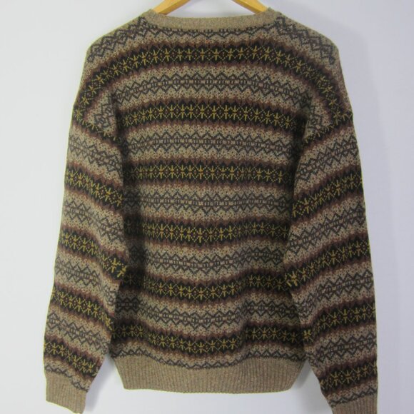 Geoffrey Beene Mens Large Brown Black Lambswool Fair Isle Sweater Crew Neck - Picture 2 of 8